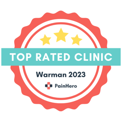 Blue banner with words over a red circle encompassing three yellow stars and words Top Rated Clinic Warman 2023
