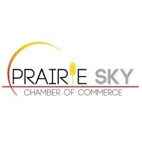 Prairie Sky Chamber of Commerce logo with black grey and gold writing with white background