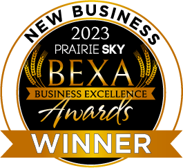 2023 Prairie Sky BEXA Business Excellence Awards Winner logo with black background and gold lettering